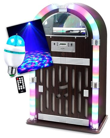 Chaîne HiFi Jukebox Retro 60W avec Tourne Disque Vinyle Bluetooth, CD, FM + télécommande, Ampoule Culot E27 DIAMS LED