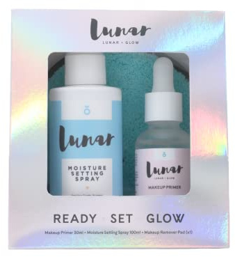 Lunar Glow Ready, Set, Glow Kit, contains a water-based Makeup Primer, Setting Spray, and recycled microfibre Makeup Remover Pads