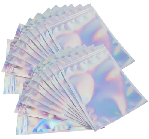 16x24cm Zip Lock Bags, 50Pcs Mylar Foil Ziplock Bags Clear Resealable Foil Pouch Metallic Bags Holographic Large Food Storage Bags Sealable Packaging Gift Pouch for Candy Cookies Jewellery