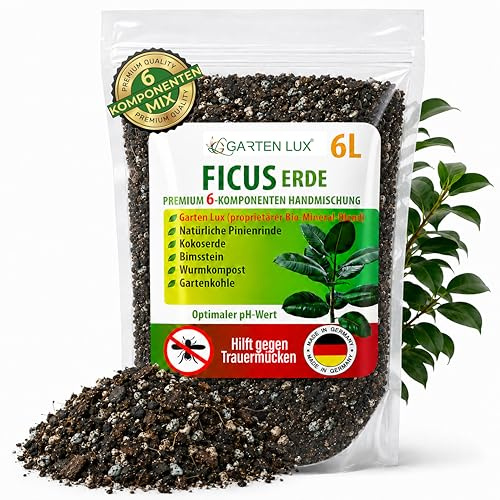 Garten Lux Ficus Erde 6L - 6-in-1 Spezialerde Torffrei - Gegen Trauermücken - für Ficus Benjamina, Elastica, Lyrata, Pumila und Alle Pflanzen der Familie