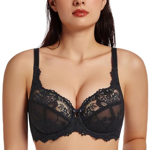 MELENECA Women's Plus Size Minimizer Bras Full Coverage Lace Unlined Underwire Bra Black 38G