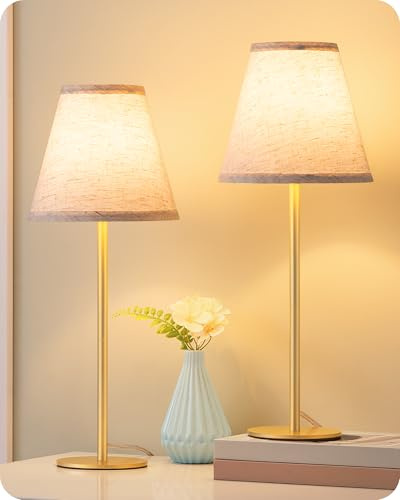 EDISHINE 16.4 Bedside Table Lamps Set of 2, Cone Table Lamp for Bedroom with Oatmeal Fabric Linen Shade, Metal Base, Small Nightstand Lamp for Living Room Office Dorm, E27 2700K Bulb Included