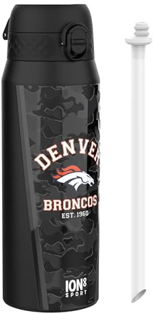 ion8 NFL Denver Broncos Trinkflasche Mit Herausnehmbarem Strohhalm, 750ml/24oz, Auslaufsichere Isolierflasche, Leicht Zu Öffnen, Sicherer Verschluss, Spülmaschinenfest, Klappdeckel, Metallflasche