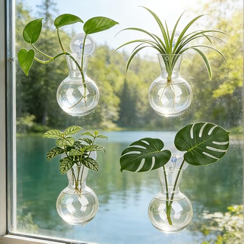 elthmpr Station de propagation de plantes – Lot de 4 pots de fleurs à suspendre avec ventouses, propagateurs pour plantes d'intérieur hydroponiques, cadeaux pour les amateurs de plantes, décoration de