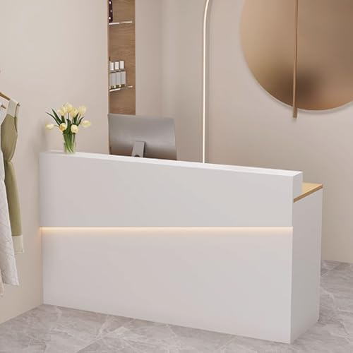 Modern reception skrivbordsstående receptionsbord med LED-ljusremsor och förvaring, främre räknare för kontor för restauranger stormarknader, (vit + naturlig, 1 m)