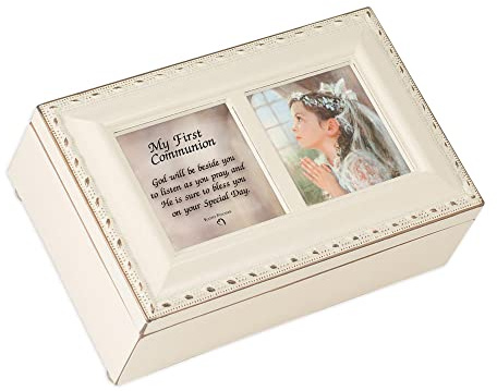 Cottage Garden First Communion God Beside You Matte Ivory Rope Trim Petite Music Box Plays Ave Maria