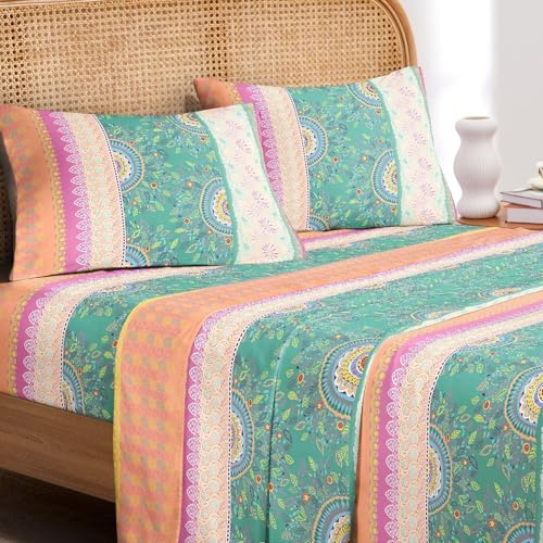 Wake In Cloud - Boho Bed Sheets, 4-Piece Sheet Set, Bohemian Chic Medallion Colorful Hippie Aesthetic Bedding, Deep Pocket, Orange Green, Queen Size