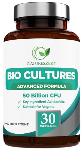 Natures Zest - 50 Billion CFU Probiotics with Prebiotics - Bio Cultures - Multi Strain Probiotic Formula for Men & Women – 30 Vegan Capsules – Live Cultures Probiotic Supplement with Acidophilus