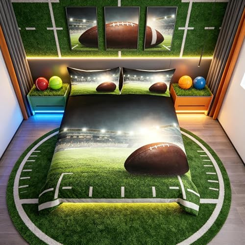 3 pièces avec Housse de Couette Ballon de Rugby pour Enfants,Gar?ons,Terrain de Rugby,Doux,Durable,de Chambre,Double