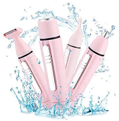 Nose Hair Trimmer Ear Clipper Multi-Function 4 in 1 Professional Electric Eyebrow and Facial Hair Trimmer for Women, Battery-Operated, Water-Resistant Stainless Steel Blade, Cleaning Easily (Pink)