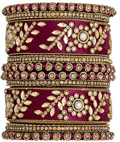 Aheli Traditional Wedding Designer Maroon Silk Thread Faux Stone Studded Bridal Bangle Set Chuda Indian Ethnic Bollywood Fashion Jewelry Gift for Women