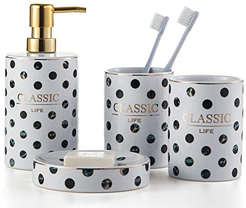 Tauzveok Keramik Badezimmer-Zubehör-Set Wellenpunkt Design, Seifenspender, 2 Zahnputzbecher, Seifenschale, Für Zuhause Und Hotel,4Pcs