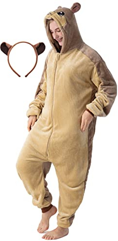corimori Flauschiges Murmeltier-Kostüm für Erwachsene mit Haarreif | Karneval Kostüm Onesie für Damen, Herren | Körpergröße 170-180cm
