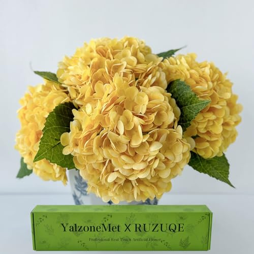 YalzoneMet Konstgjorda blommor hortensia gul 3 st naturlig verklighetstrogen latex touch falsk blomma 53 cm lång stång hortensia för hemmafest utomhus bröllopspresenter juldekor bord bordsuppsats