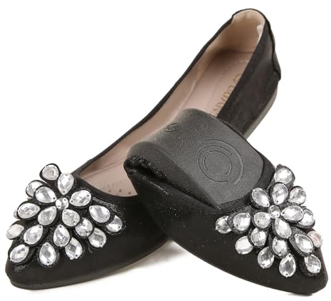 ZQKSEOHS Flats Shoes for Women Rhinestone Wedding Ballerina Shoes Foldable Sparkly Comfort Slip on Flat Dressy Flats Black Size 9