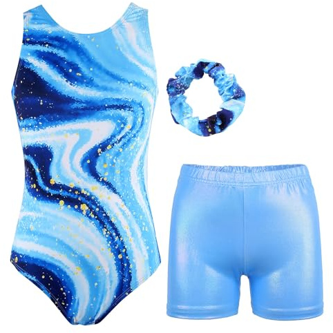 JESKIDS Gymnastics Leotards for Girls Dance Unitards Biketards Matching Shorts Activewear Suits for Girls 6-7 Years Milky Way