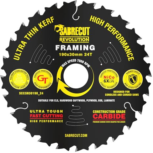 1 x SabreCut SCCSN30190_24 190mm 24T x 30mm de diámetro Alto rendimiento Ultra delgado Madera contrachapada Madera contrachapada MDF Marco de aglomerado Hoja de sierra circular