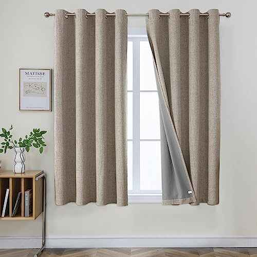 Joydeco 100% Blackout Lined Curtains W46 x L54 Inch Drop, Linen Look Textured Thermal Insulated Eyelet Short Curtains with Coating Back Layer for Living Room Bedroom, Linen Colour - 2 Panels