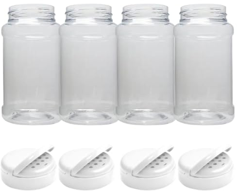 Palm Safe 4 x 500ml Clear Plastic Spice & Herbs Storage Jars with Shaker Lids - Large Food Containers, Airtight lids, Wide Mouth Opening