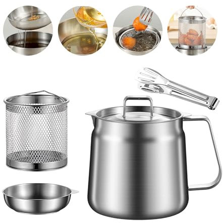 Fettbehälter Rostfreier Stahl,2000ml Edelstahl Fetttrennkanne mit Feinmaschfilter,Staubdichtem Deckel and Zange Fettabscheider Küche für die Küche zum Aufbewahren (2000ml)