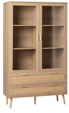 KLAST Vitrina en Madera y ratán Natural con Dos Puertas acristaladas, Tres estantes y Dos cajones para Almacenamiento. Medidas: 100 cm x 170 cm