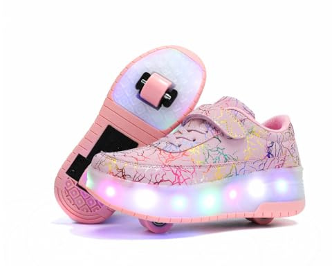 HUSKSWARE Rollschuhe,2 Rollen Skateboardschuhe,verstellbare multifunktionale Sportschuhe,USB-Lademodus, für Jungen und Mädchen, Rosa 37 EU.
