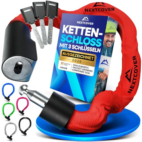 NEXTCOVER® Kedjelås cykel med nyckel – [SAFESECURE] kraftigt stöldskydd lås – härdat stål och väderbeständig – lämplig för E-cykel, skoter och motor – 90 cm (inkl. 3 nycklar)