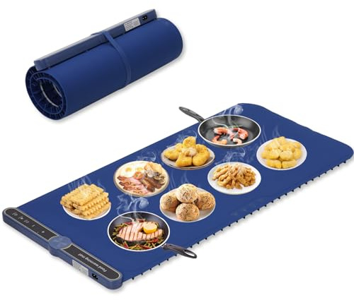 Bandeja Calefactora Extragrande (80 x 38 cm), Placa Calentadora Portátil Plegable, 9 Temperatura Ajustable y 6 Horas para Bufés, Familia, Fiestas y Uso Diario