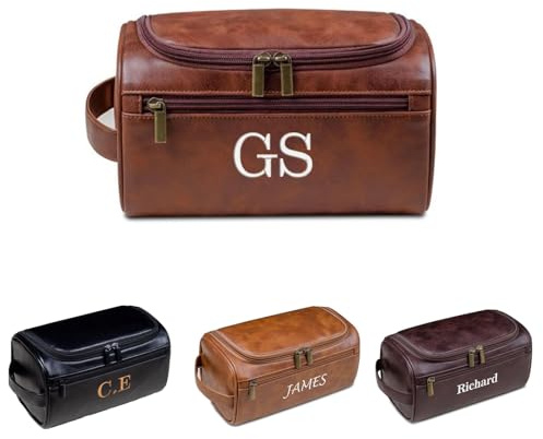 Joyinaff Neceser de cuero bordado personalizado para hombre, organizador de aseo de viaje, kit de viaje con monograma personalizado, Marrón, Moderno minimalista