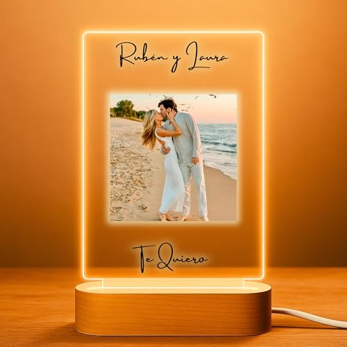 Cristal Plaque Lámpara o Placa Vertical Personalizada con Foto y Nombres | Regalo personalizado para pareja con 1 foto, nombres y texto para aniversario, boda, cumpleaños o San Valentín.