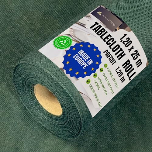 NATUARTE Mantel Desechable Verde Mantel Rollo 1.20 m x 25 m - Tejido No Tejido Efecto Tela - Reutilizable - Precorte Invisible Cada 1,20m Verde Oscuro 1,20x25
