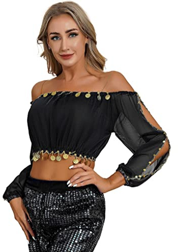Hansber Costume di Danza del Ventre per Donna Parte Superiore Senza Midriff Camicia per Danza Top Senza Spalle Tunica Blusa con Monete Frange Abito Nero Taglia Unica