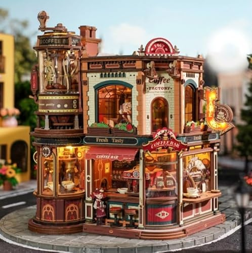 ROBOTIME Puzzle 3D in legno per adulti da costruire – Dream Coffe Factory, kit di costruzione in miniatura con musica, luci e scene animate, casa in miniatura/Book Nook Café EAB02