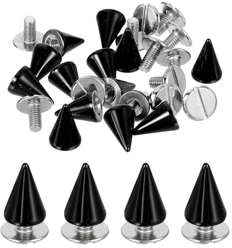 sourcing map 24 Set Spikes and Studs Kit, 10mm Cone Spikes Punk Rock Rivets Screw Back Studs Screw Rapid Rivet Screws for DIY Leather Craft Belt Bags Shoes Accessories, Bright Black
