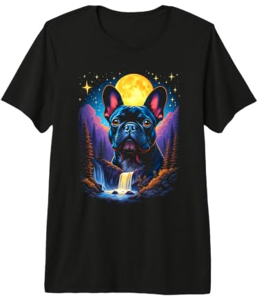 Majestueux Bouledogue français avec Lune et Cascade T-Shirt Haut de Gamme