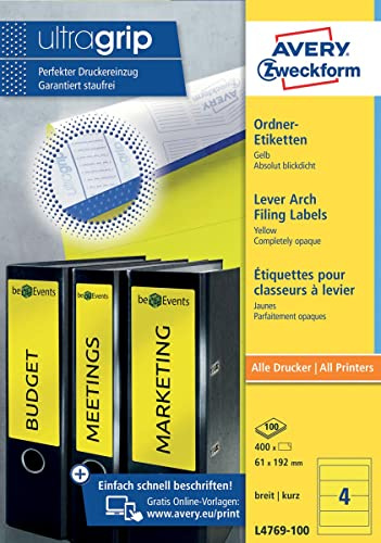 Avery Zweckform L4769 100 Folders A4 (Pack of 400 Labels 192 x 61 mm (100 Sheets) – Yellow