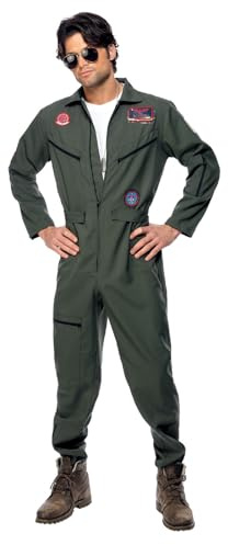 Smiffys Costume Top Gun, Verde, con tuta intera, targhette di identificazione e occhiali Halloween