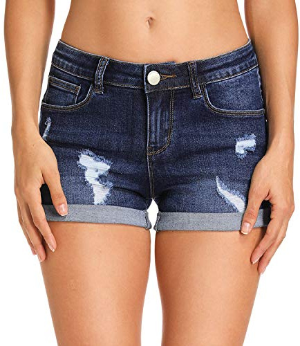 Hocaies Damjeansshorts basic i åldrat tvättade jeans bermudashorts korta byxor av denim för kvinnor hög midja denim korta byxor med tofs ribbade hål hotpants shorts, 03 mörkblå, 48 SE