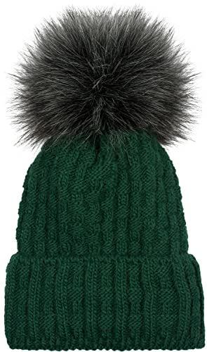 styleBREAKER Gorro Unisex de Punto con pompón con Motivo Trenzado y Forro Polar térmico, Gorro de Invierno con pompón de Pelo, Pelo Artificial, Hecho en Polonia 04024171, Color:Verde Oscuro