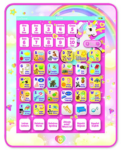 LEXIBOOK, Unicorn, Educational Bilingual Interactive Learning Tablet, Toy to learn alphabet letters numbers words spelling and music, English/Spanish, Pink, JCPAD002UNIi2