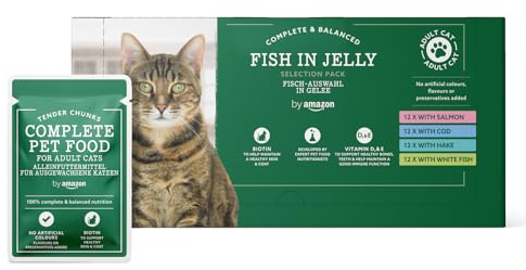by Amazon Getreidefreies Alleinfutter für ausgewachsene Katzen, Fisch-Auswahl in Gelee, 4,8 kg (48 Packungen à 100 g)