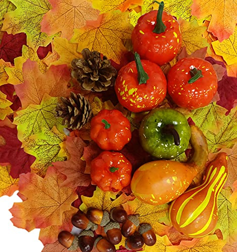 100 Stück Künstliche Kürbisse Set, Herbst Kürbis Deko, Herbst Mini Kürbis Ahornblätter Eicheln Tannenzapfen, Künstliche Ahornblatt Deko, Simulationskürbis für Herbstdeko Halloween Thanksgiving