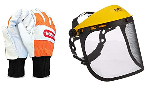 Oregon Chainsaw Left-Hand Protection Leather Gloves – Medium (size 9) (91305M) & Browguard and Steel Mesh Visor Combination, Adjustable Safety Face Shield