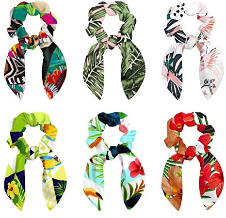 6 Pcs Hair Scrunchies - Parrots in Palm Leave Jungle Hair Scarf Scrunchy with Ribbon Bow, Elastic Hair Ties Ponytail Holders for Women Teenage Girls