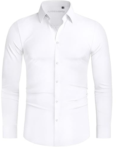 Alimens & Gentle Stretch Mens Dress Shirts Slim Fit Long Sleeve Casual Skinny Muscle Fit Wrinkle Free Button Down Shirt White