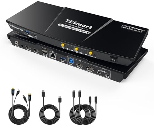 TESmart HDMI+DP+USB-C KVM Switch, 4K@60Hz KVM for 2 Computers(1 Laptop + 1 Desktop) 2 Monitors, 60W PD + MST, USB 3.0 5Gbps KVM Docking Station, Gigabit LAN w/EDID, Quad Switching, for Laptop/Desktop