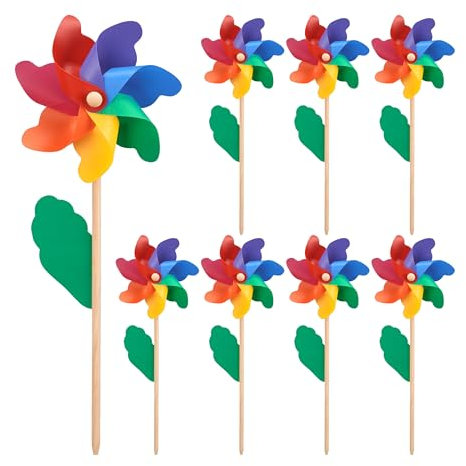 Relaxdays Set 8 Molinillo de Viento, Juego de Viento, Molinos de Viento para Balcón, Jardín, Madera y PP, Multicolor