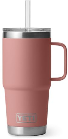 YETI Rambler 25 oz Tumbler with Handle and Straw Lid, Travel Mug Water Tumbler, Vacuum Insulated Cup with Handle, Stainless Steel, Sandstone Pink
