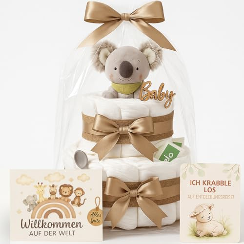 Windeltorte Mädchen & Junge mit Koala Greifling - Boho Vintage [Handmade] – Baby Geschenk zur Geburt mit Koala-Greifling, Premium Windeln & Bio-Tee – Windeltorte Neutral & für Babyparty