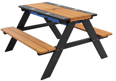 ML-Design 2en1 Ensemble pour Enfants 2 Bancs et Table de Jeux de Sable et d'eau, Brun Naturel, Bois Massif/Métal, Plateau Amovible avec 2 Bacs de Jeu en Plastique Bleu, 4 Places, Trou pour Parasol